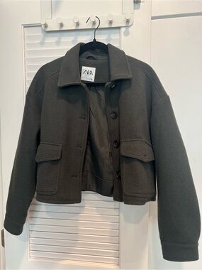 Zara Crop Wool Blend Jacket Dark Olive | Size M